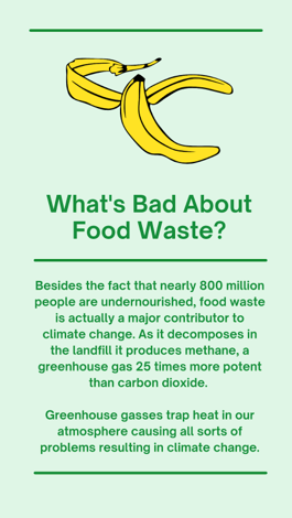 What's Bad About Food Waste? Besides the fact that nearly 800 million people are undernourished, food waste is actually a major contributor to climate change. As it decomposes in the landfill it produces methane, a greenhouse gas 25 times more potent than carbon dioxide. Greenhouse gases trap heat in our atmosphere causing all sorts of problems resulting in climate change.