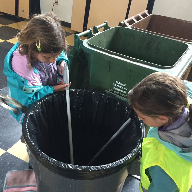 Students looking in waste bin