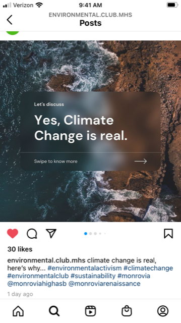 Instagram post that says "Yes, Climate Change is real. Swipe to know more."